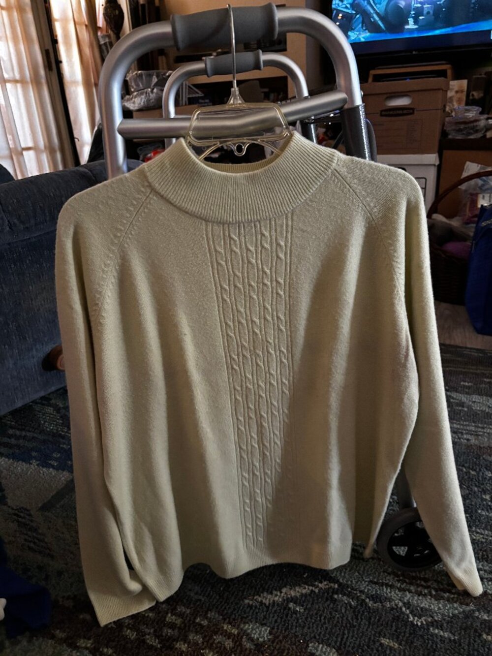 Allison Daley Lime Green Cable Knit Mock Neck Long-Sleeve Sweater, Size LARGE